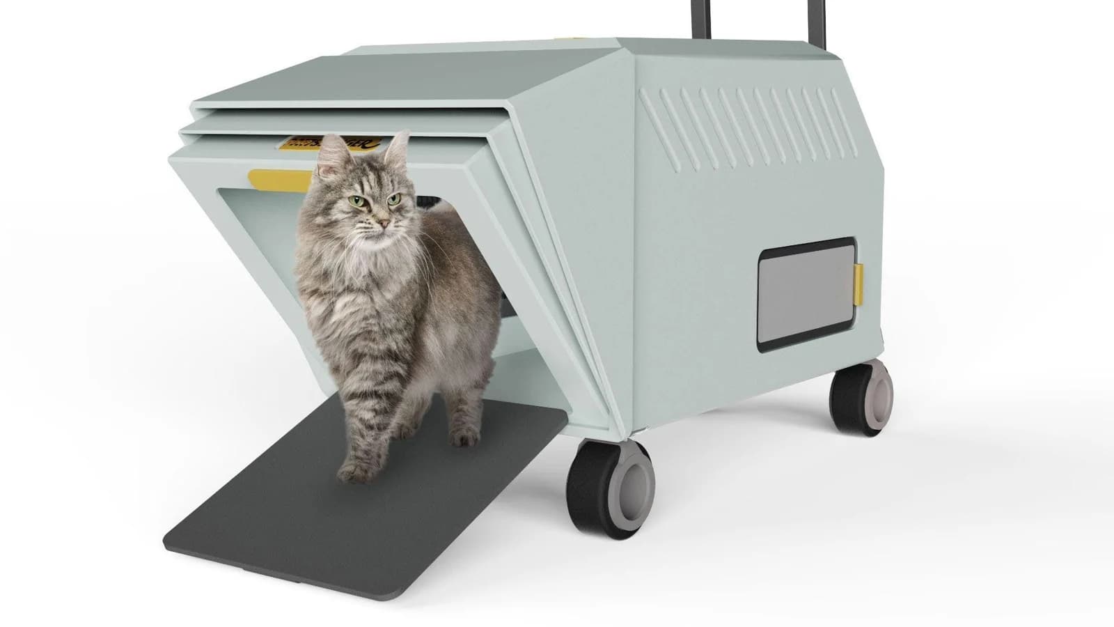 Rendering of a pale grey wheeled pet carrier with a cat at the open front ramp, a faceted enclosure and side access panel.